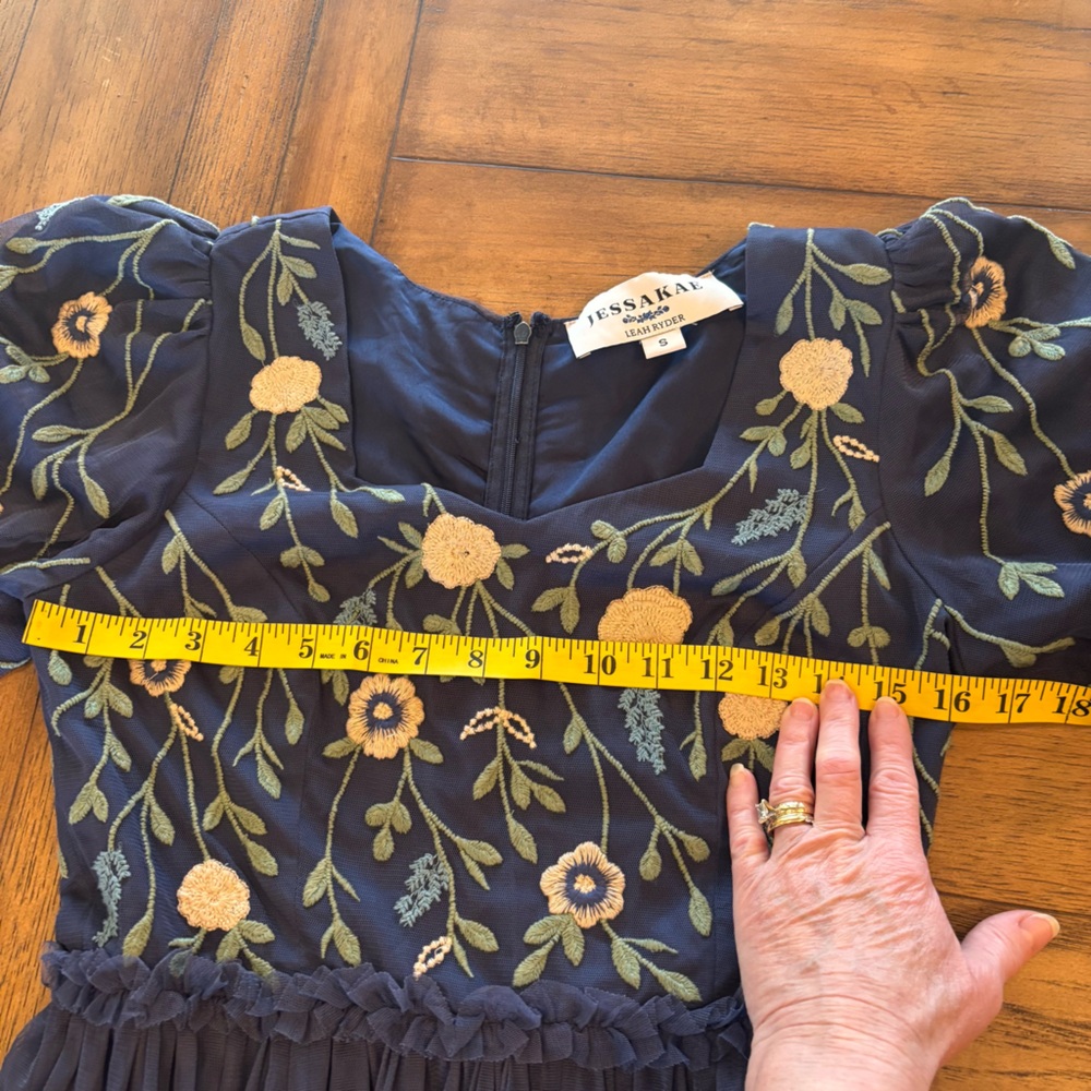 JessaKae Leah Ryder Navy Floral Embroidered Midi Dress, Tulle Skirt, Small - Picture 12 of 14
